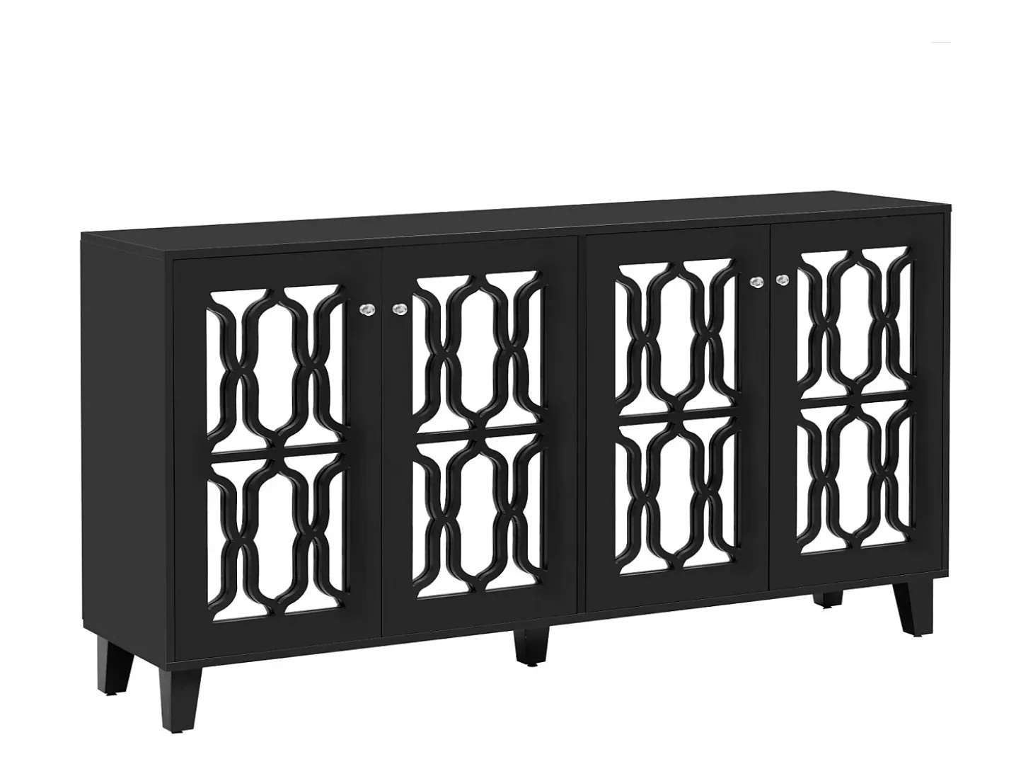Aparador 160x40x81cm, con 4 puertas de espejo, laminado móvil, tiradores de cristal frío, para salón y comedor, color negro