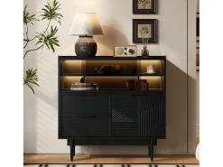 Aparador 80x35x180cm con 3 puertas incluidas 2 puertas correderas de cristal, 2 cajones y LED, cuerpo de MDF negro
