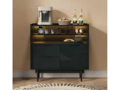 Aparador 80x35x180cm con 3 puertas incluidas 2 puertas correderas de cristal, 2 cajones y LED, cuerpo de MDF negro