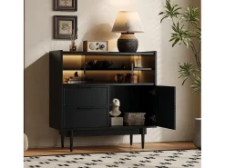 Aparador 80x35x180cm con 3 puertas incluidas 2 puertas correderas de cristal, 2 cajones y LED, cuerpo de MDF negro