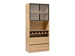 Aparador 80x40x180cm con 2 puertas de cristal, 2 cajones y botellero, LED incluido, cuerpo en madera natural clara