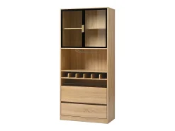 Aparador 80x40x180cm con 2 puertas de cristal, 2 cajones y botellero, LED incluido, cuerpo en madera natural clara