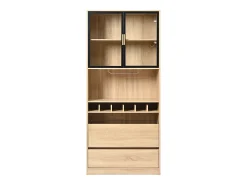 Aparador 80x40x180cm con 2 puertas de cristal, 2 cajones y botellero, LED incluido, cuerpo en madera natural clara