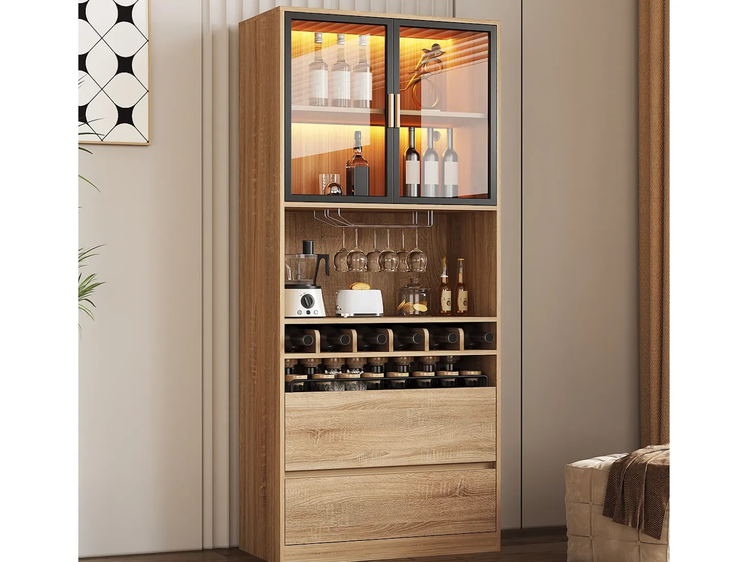 Aparador 80x40x180cm con 2 puertas de cristal, 2 cajones y botellero, LED incluido, cuerpo en madera natural clara