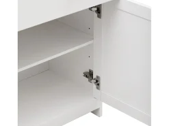 Aparador 160x37x75cm con 4 puertas y 3 cajones, blanco, tapa acabado madera natural