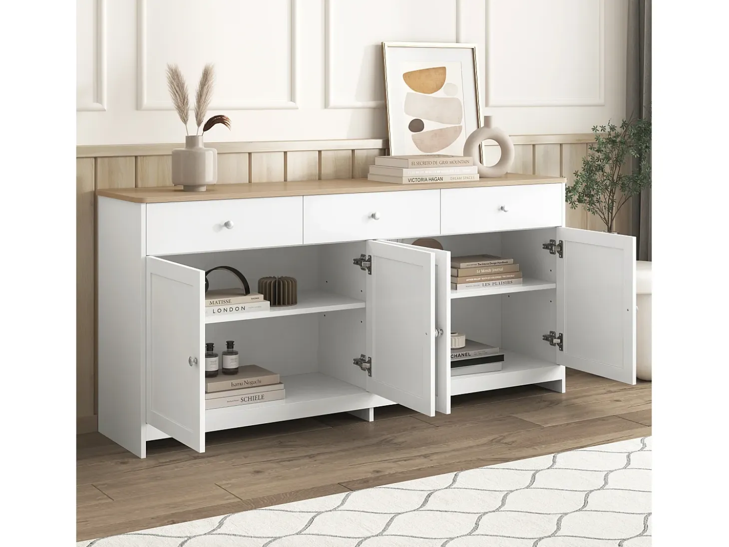 Aparador 160x37x75cm con 4 puertas y 3 cajones, blanco, tapa acabado madera natural