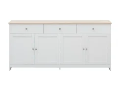 Aparador 160x37x75cm con 4 puertas y 3 cajones, blanco, tapa acabado madera natural