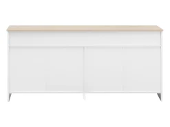 Aparador 160x37x75cm con 4 puertas y 3 cajones, blanco, tapa acabado madera natural