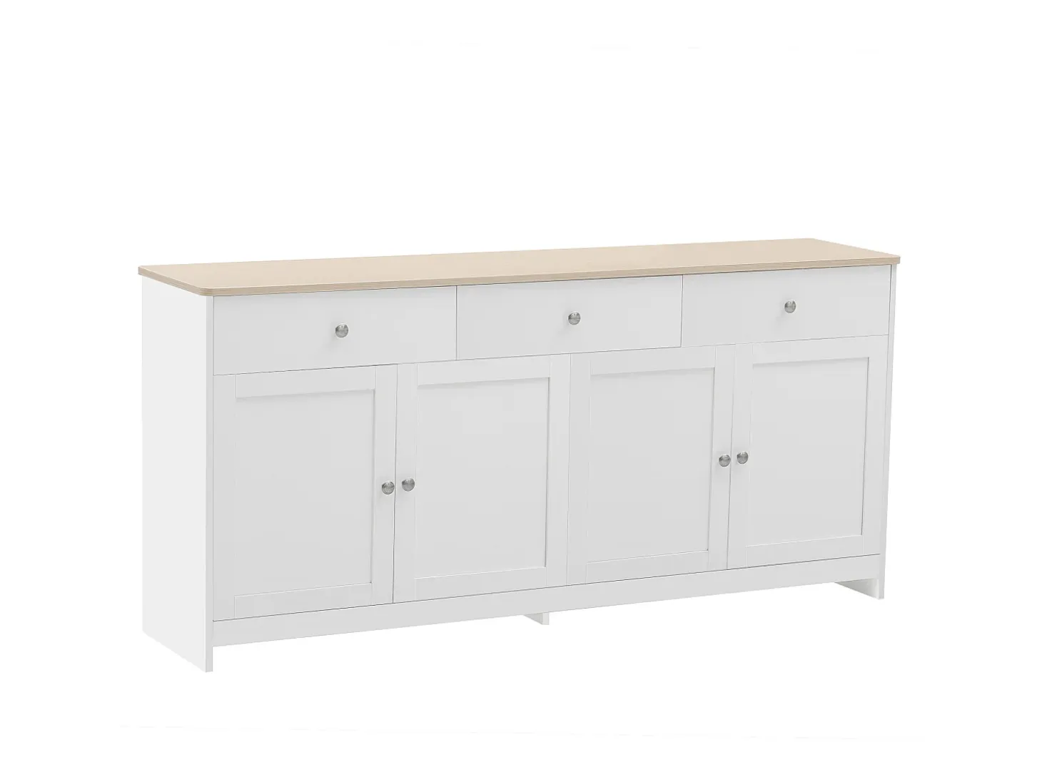 Aparador 160x37x75cm con 4 puertas y 3 cajones, blanco, tapa acabado madera natural
