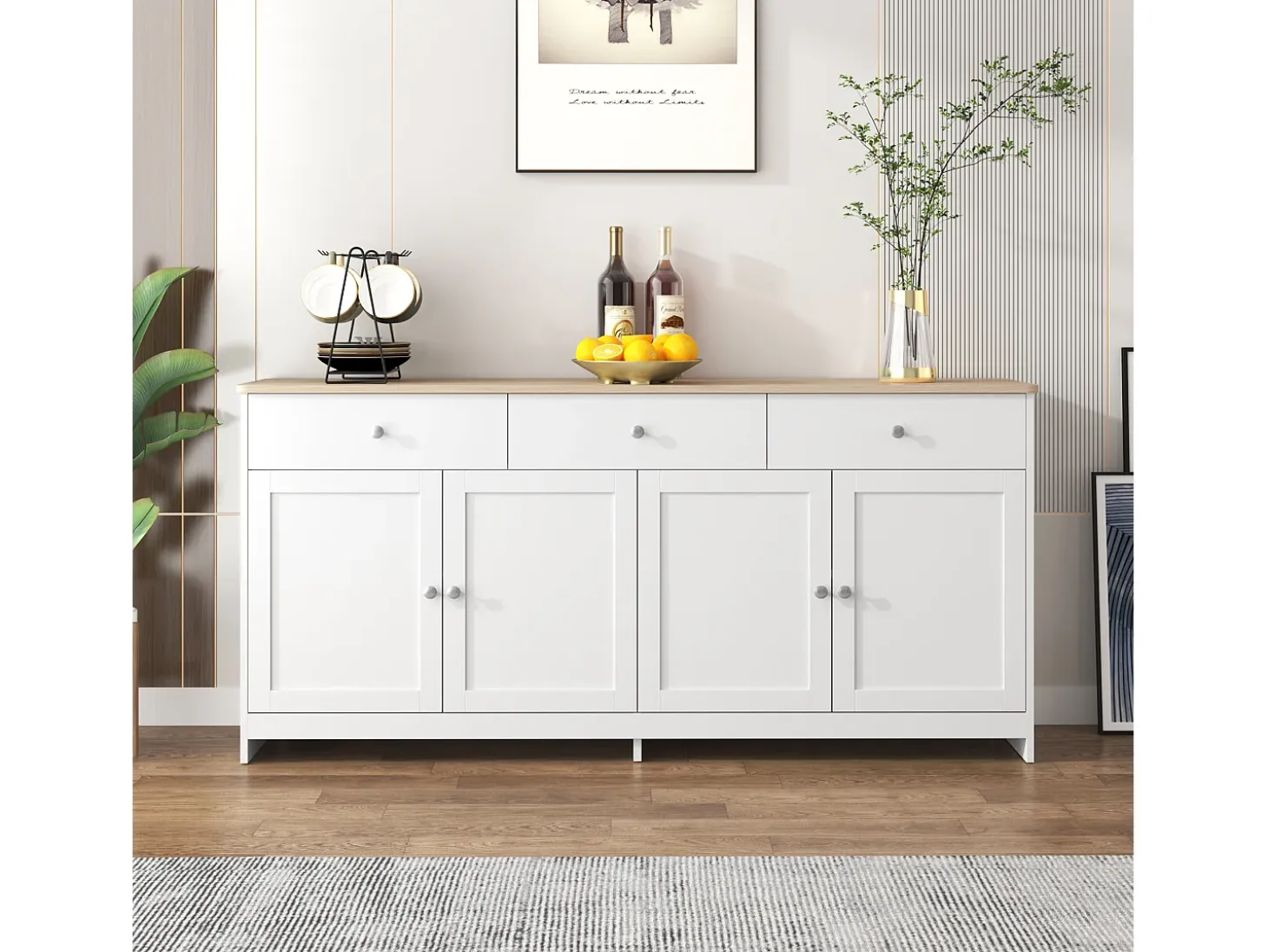 Aparador 160x37x75cm con 4 puertas y 3 cajones, blanco, tapa acabado madera natural