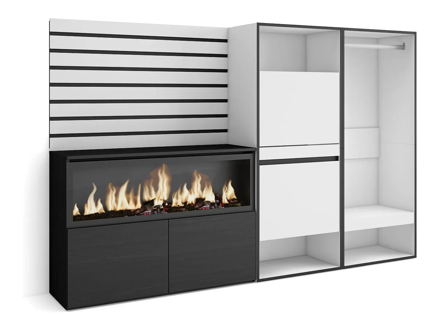 Aparador, 227x35x145cm, Dormitorio, habitación, Chimenea eléctrica XXL, Zapatero, Vestidor abierto, Blanco