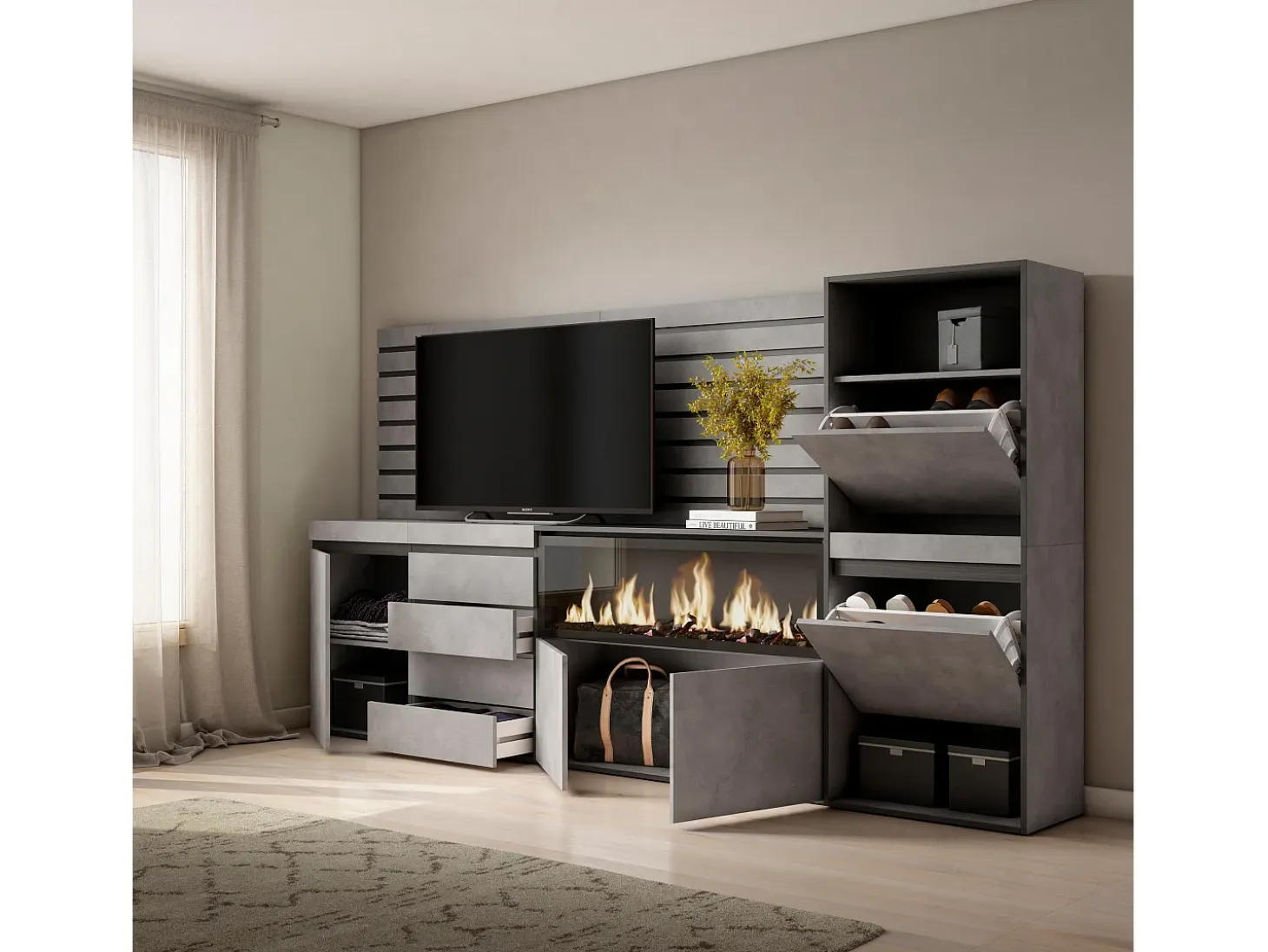 Aparador, 274x35x145cm, Dormitorio, habitación, Chimenea eléctrica XXL, Cómoda, Cajonera, Zapatero, Cemento