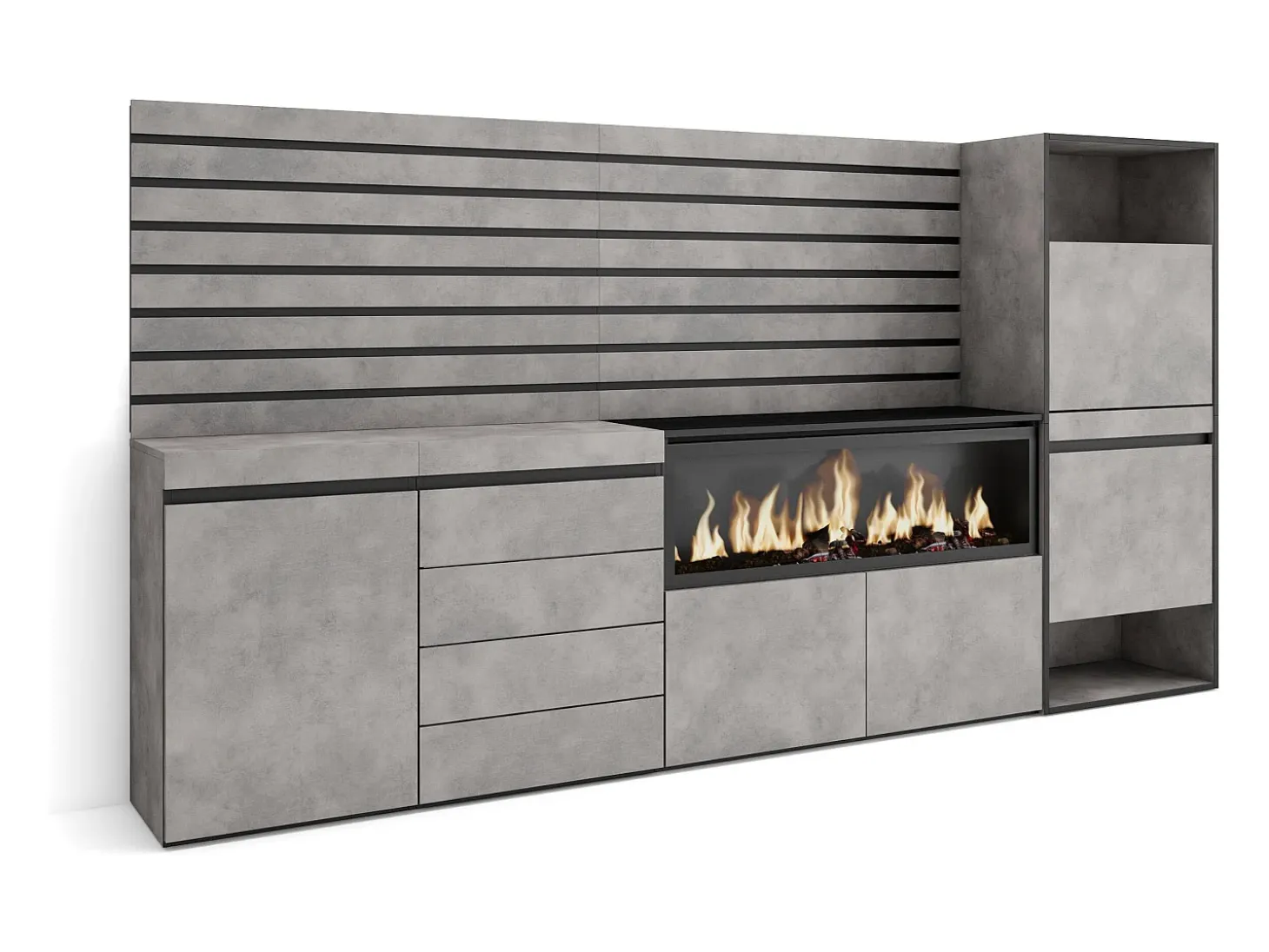 Aparador, 274x35x145cm, Dormitorio, habitación, Chimenea eléctrica XXL, Cómoda, Cajonera, Zapatero, Cemento