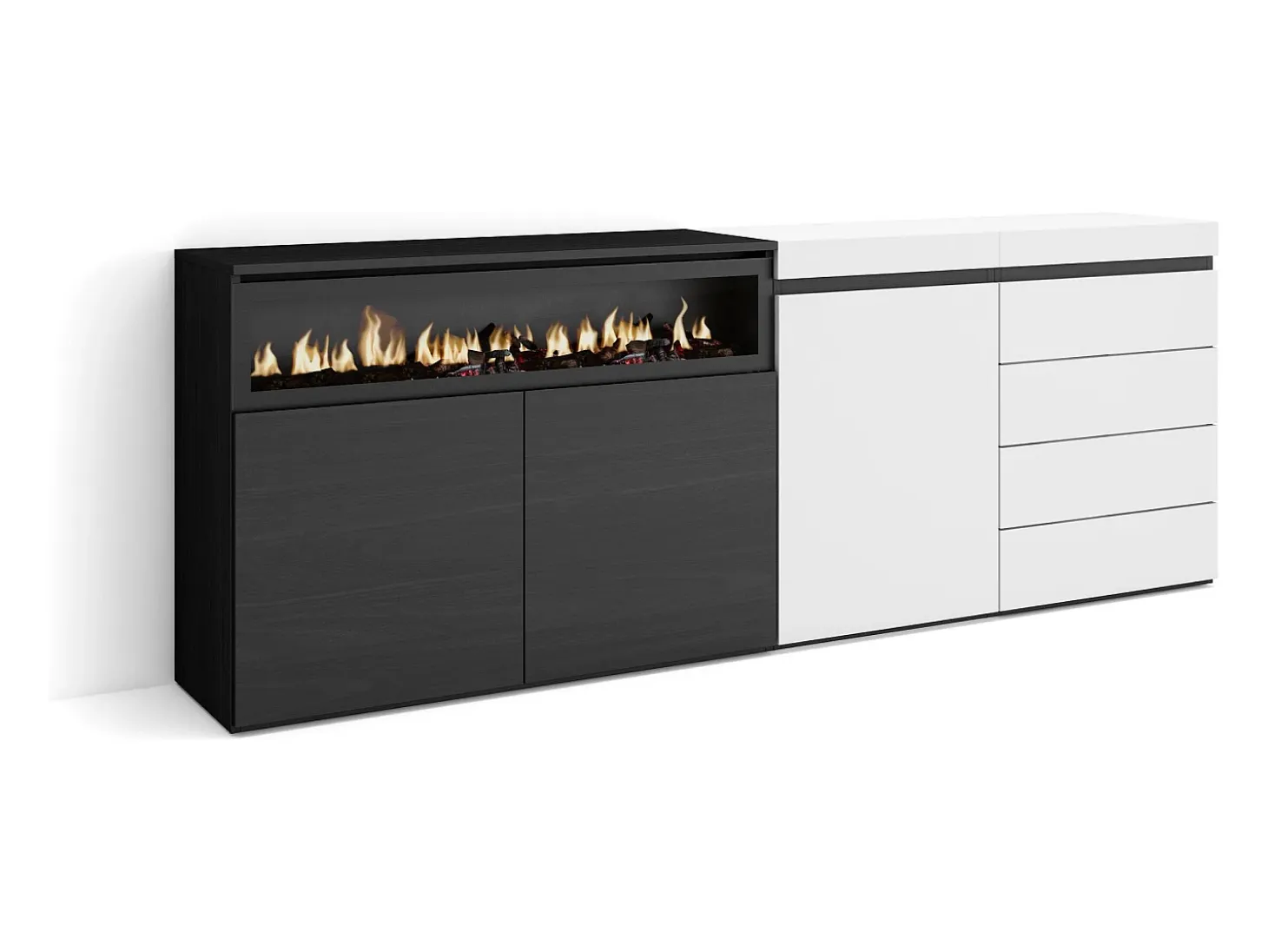 Aparador, 207x35x75cm, Dormitorio, habitación, Chimenea eléctrica, Cómoda, Cajonera, Blanco