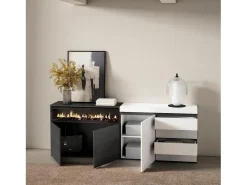 Aparador, 207x35x75cm, Dormitorio, habitación, Chimenea eléctrica, Cómoda, Cajonera, Blanco