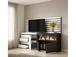 Aparador, 214x35x145cm, Dormitorio, habitación, Chimenea eléctrica XXL, Cómoda, Cajonera, Blanco