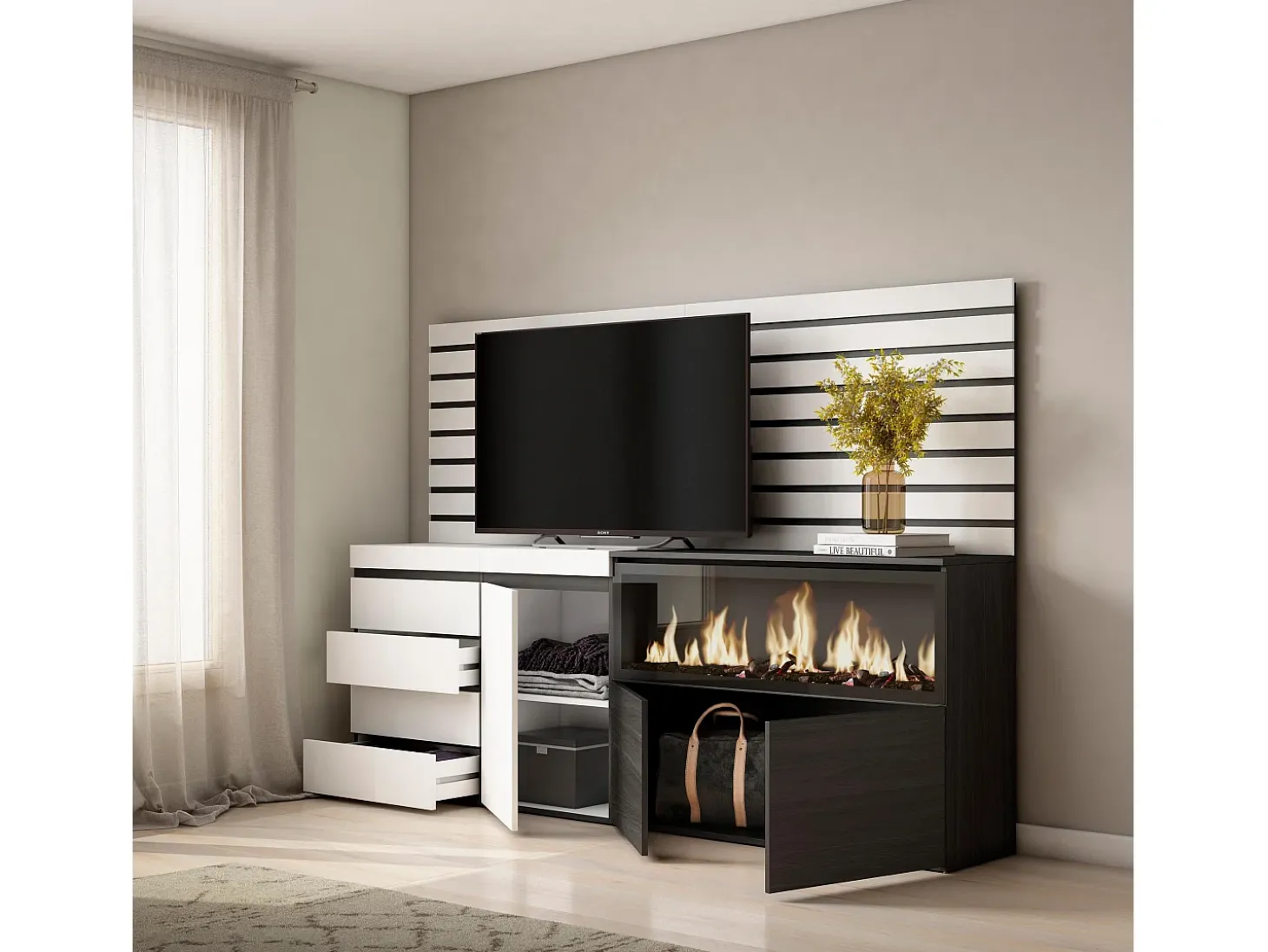 Aparador, 214x35x145cm, Dormitorio, habitación, Chimenea eléctrica XXL, Cómoda, Cajonera, Blanco