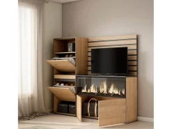 Aparador, 167x35x145cm, Dormitorio, habitación, Chimenea eléctrica XXL, Zapatero, Roble