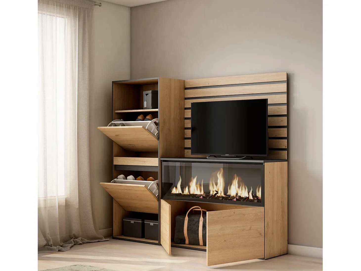 Aparador, 167x35x145cm, Dormitorio, habitación, Chimenea eléctrica XXL, Zapatero, Roble