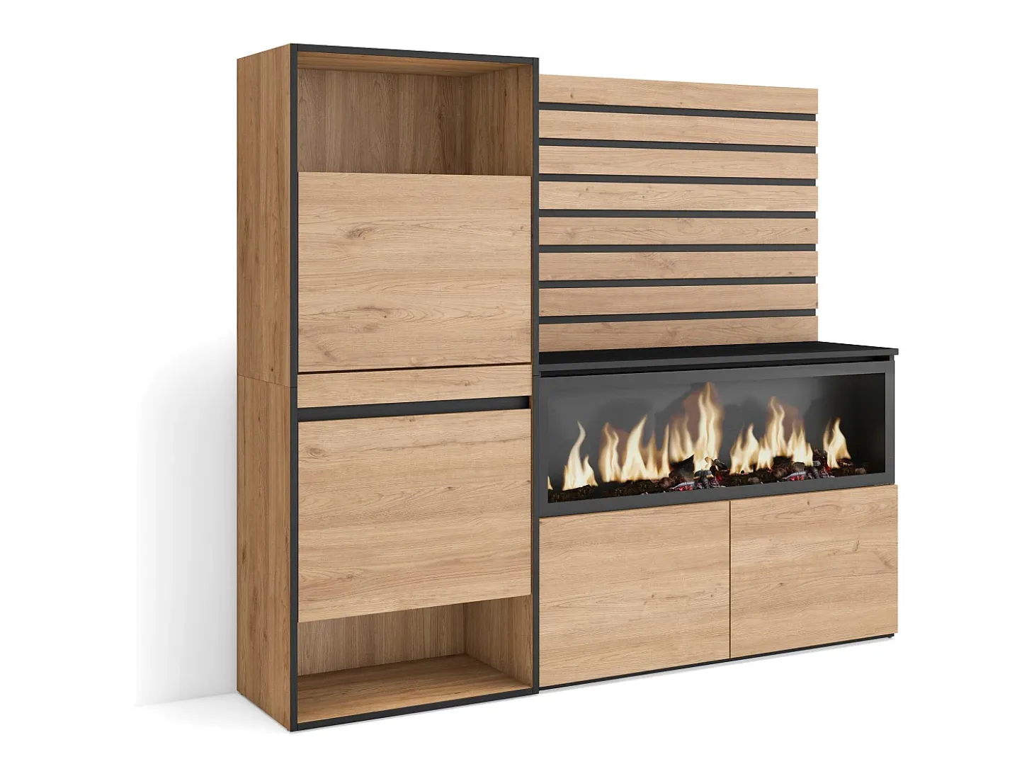 Aparador, 167x35x145cm, Dormitorio, habitación, Chimenea eléctrica XXL, Zapatero, Roble