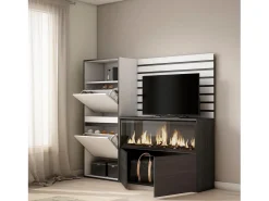 Aparador, 167x35x145cm, Dormitorio, habitación, Chimenea eléctrica XXL, Zapatero, Blanco