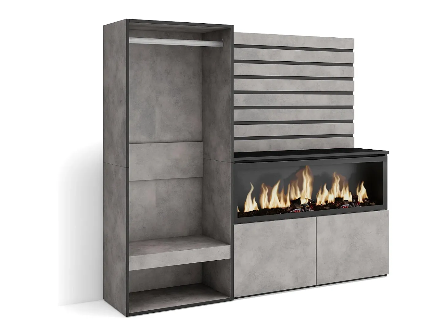 Aparador, 167x35x145cm, Dormitorio, habitación, Chimenea eléctrica XXL, Vestidor abierto, Cemento