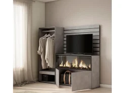 Aparador, 167x35x145cm, Dormitorio, habitación, Chimenea eléctrica XXL, Vestidor abierto, Cemento