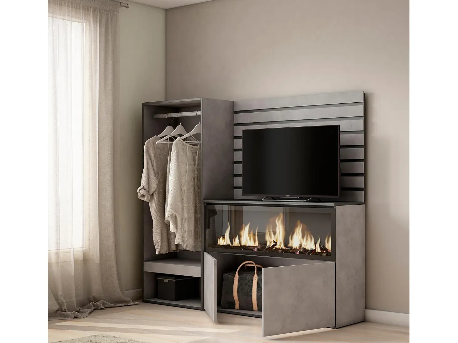 Aparador, 167x35x145cm, Dormitorio, habitación, Chimenea eléctrica XXL, Vestidor abierto, Cemento