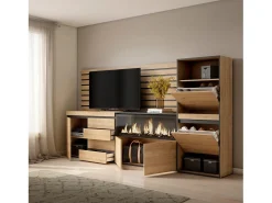 Aparador, 274x35x145cm, Dormitorio, habitación, Chimenea eléctrica XXL, Cómoda, Cajonera, Zapatero, Roble