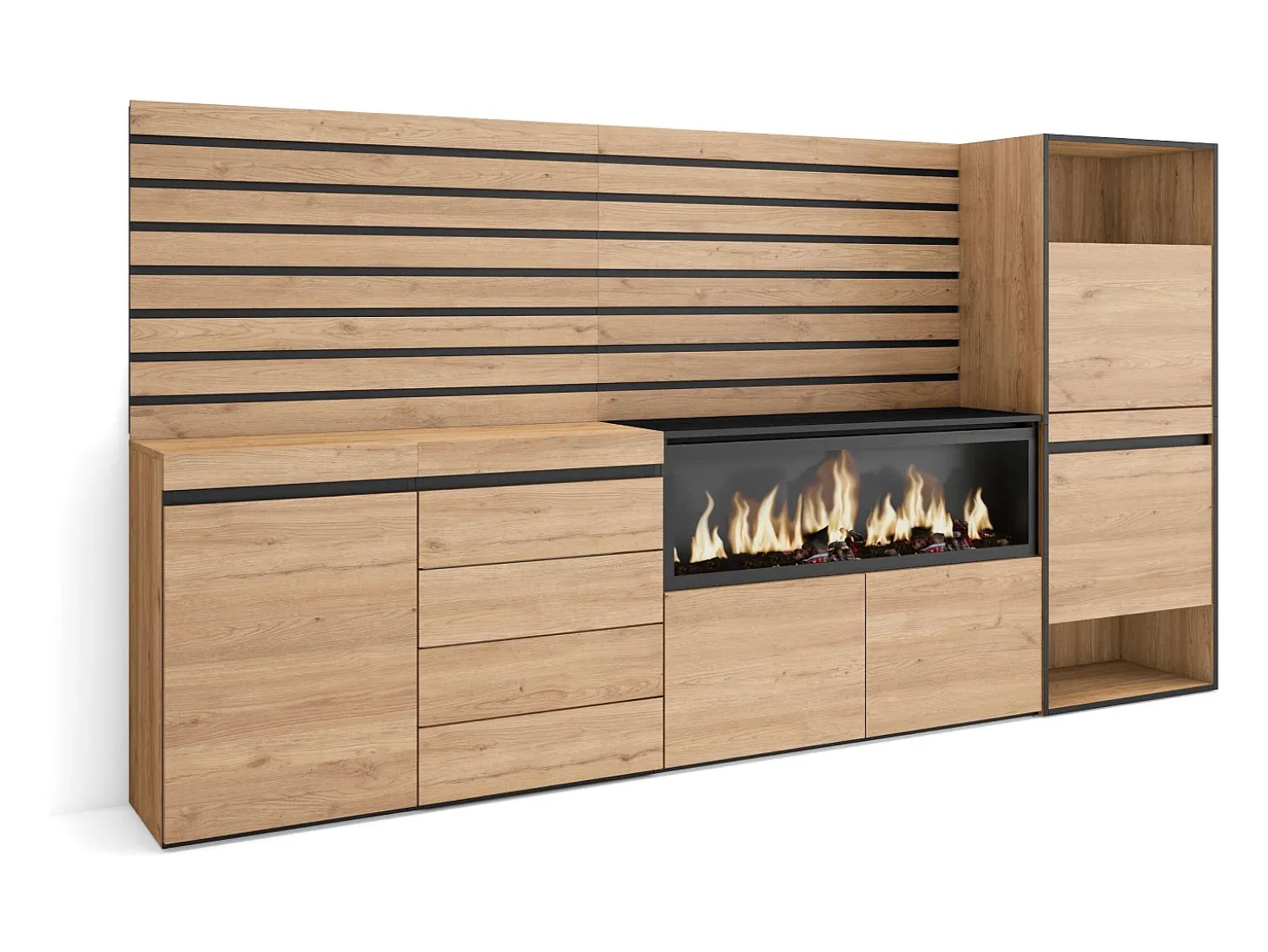 Aparador, 274x35x145cm, Dormitorio, habitación, Chimenea eléctrica XXL, Cómoda, Cajonera, Zapatero, Roble