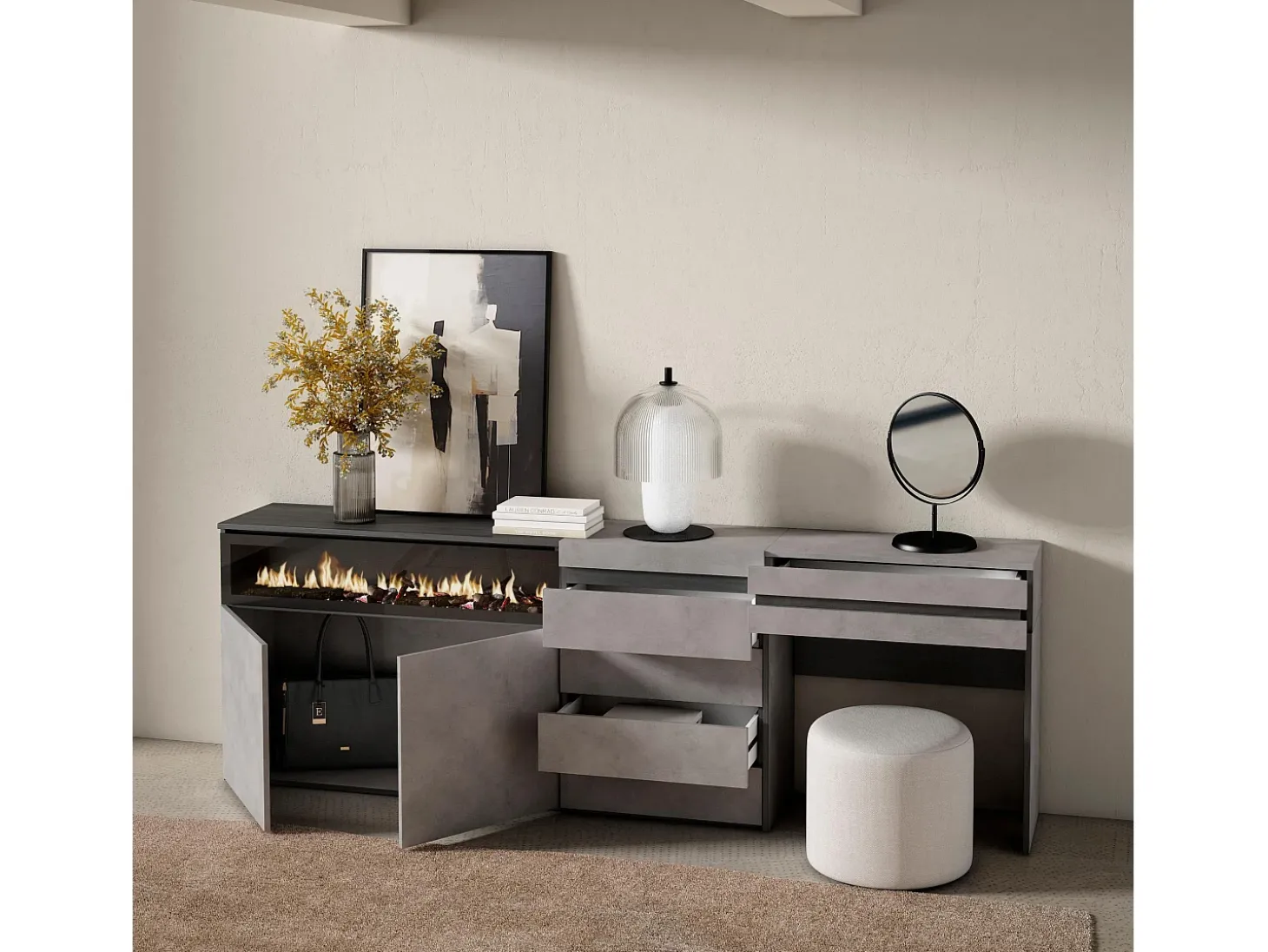 Aparador, 227x35x75cm, Dormitorio, habitación, Chimenea eléctrica, Cómoda, Cajonera, Tocador, Cemento