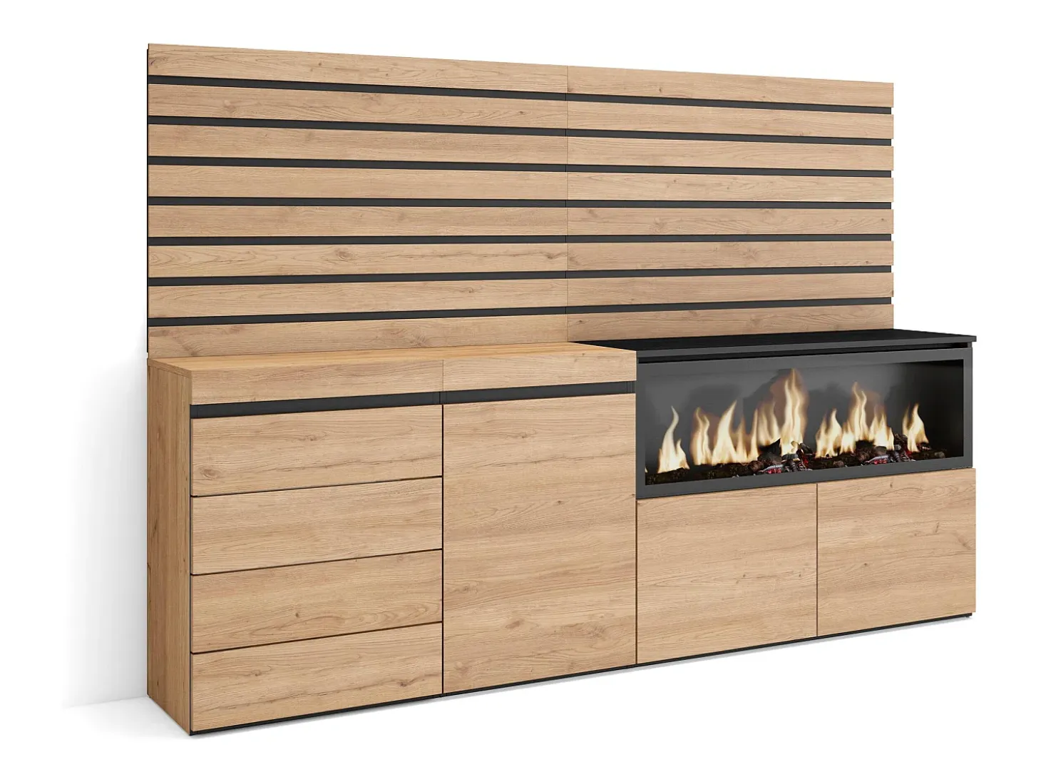 Aparador, 214x35x145cm, Dormitorio, habitación, Chimenea eléctrica XXL, Cómoda, Cajonera, Roble