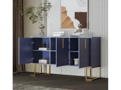 Aparador 138x40x80,5cm, mueble con 3 puertas, estantes regulables, puertas en forma de U, base de metal, color azul marino