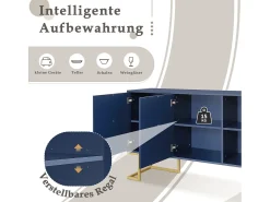 Aparador 138x40x80,5cm, mueble con 3 puertas, estantes regulables, puertas en forma de U, base de metal, color azul marino
