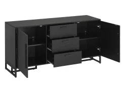 Aparador 145x40x75cm, mueble de almacenaje con 3 cajones y 2 puertas - diseño espiga, color negro
