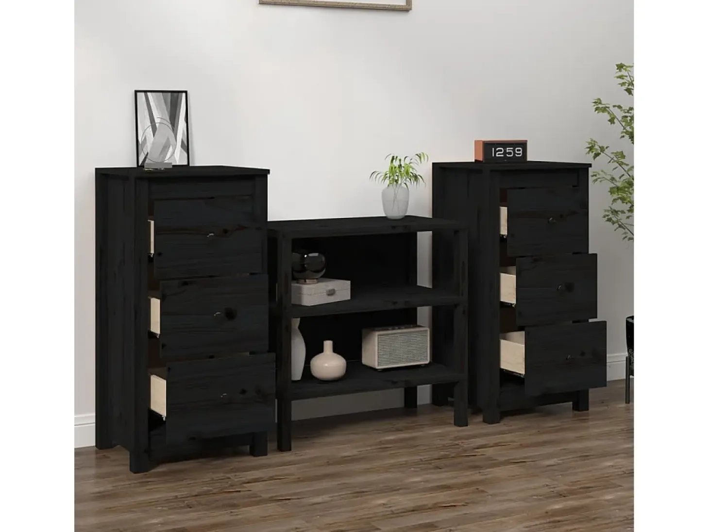 Aparadores 2 piezas negro 40x35x80 cm madera maciza de pino