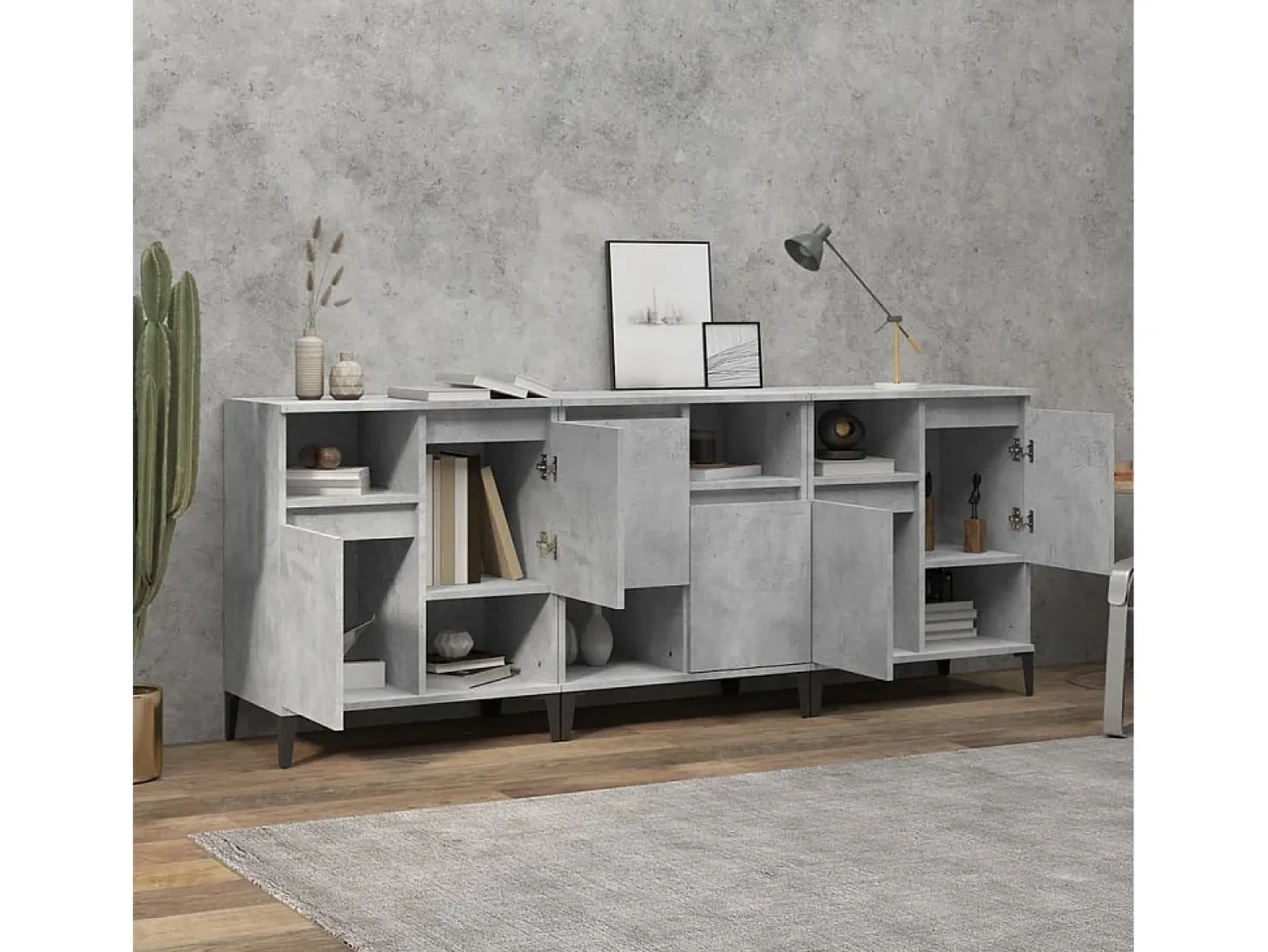 Aparadores 3 uds madera contrachapada gris hormigón 60x35x70 cm ES96767