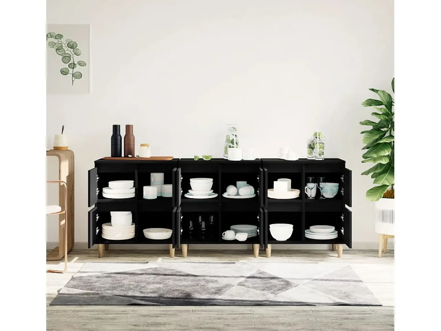 Aparadores 3 uds madera contrachapada negro 60x35x70 cm ES65127