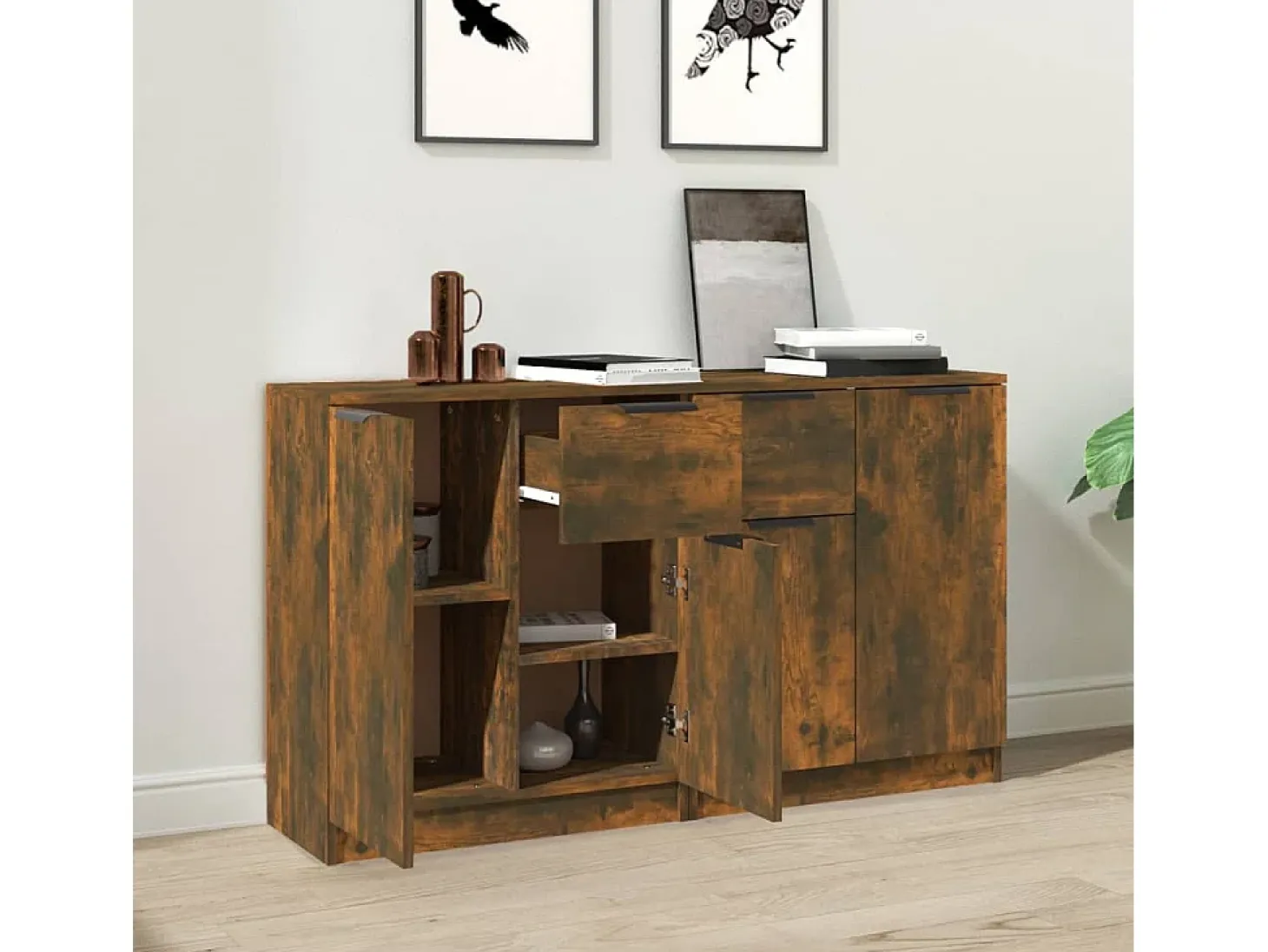 Aparadores 2 uds madera contrachapada roble ahumado 60x30x70 cm