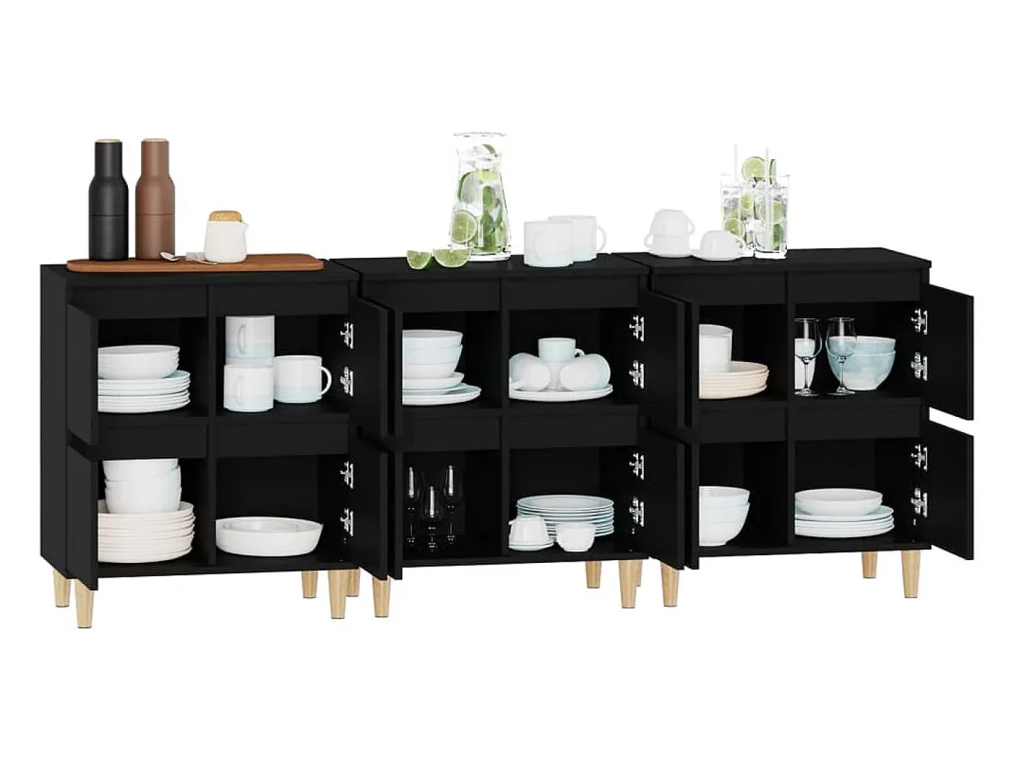 Aparadores 3 uds madera contrachapada negro 60x35x70 cm