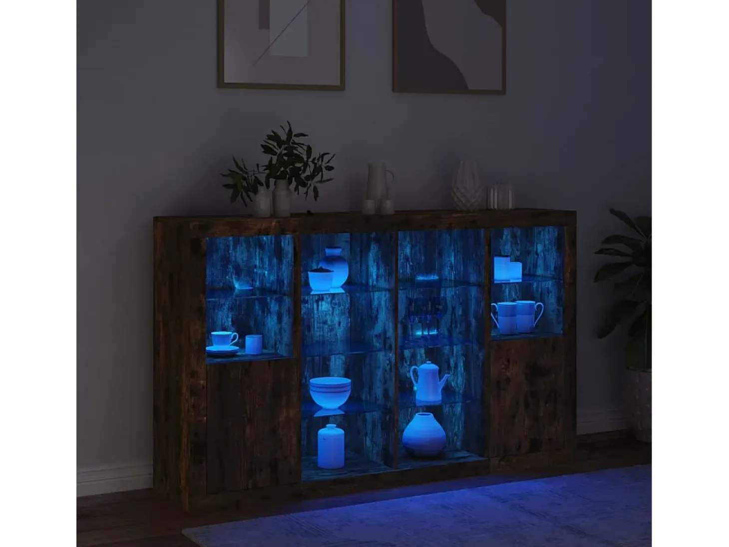 Aparadores con luces LED 3 piezas madera de ingeniería roble ahumado