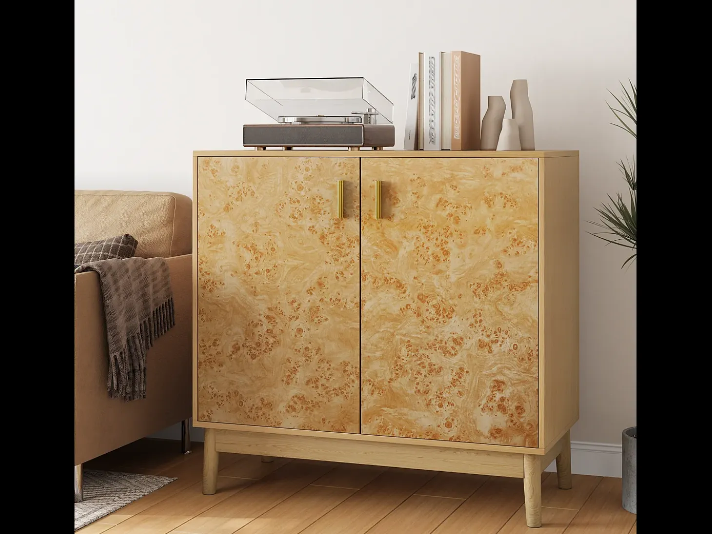 Aparadores con patas de madera maciza, estantes regulables, MDF, amarillo (80x38x77,5 cm)