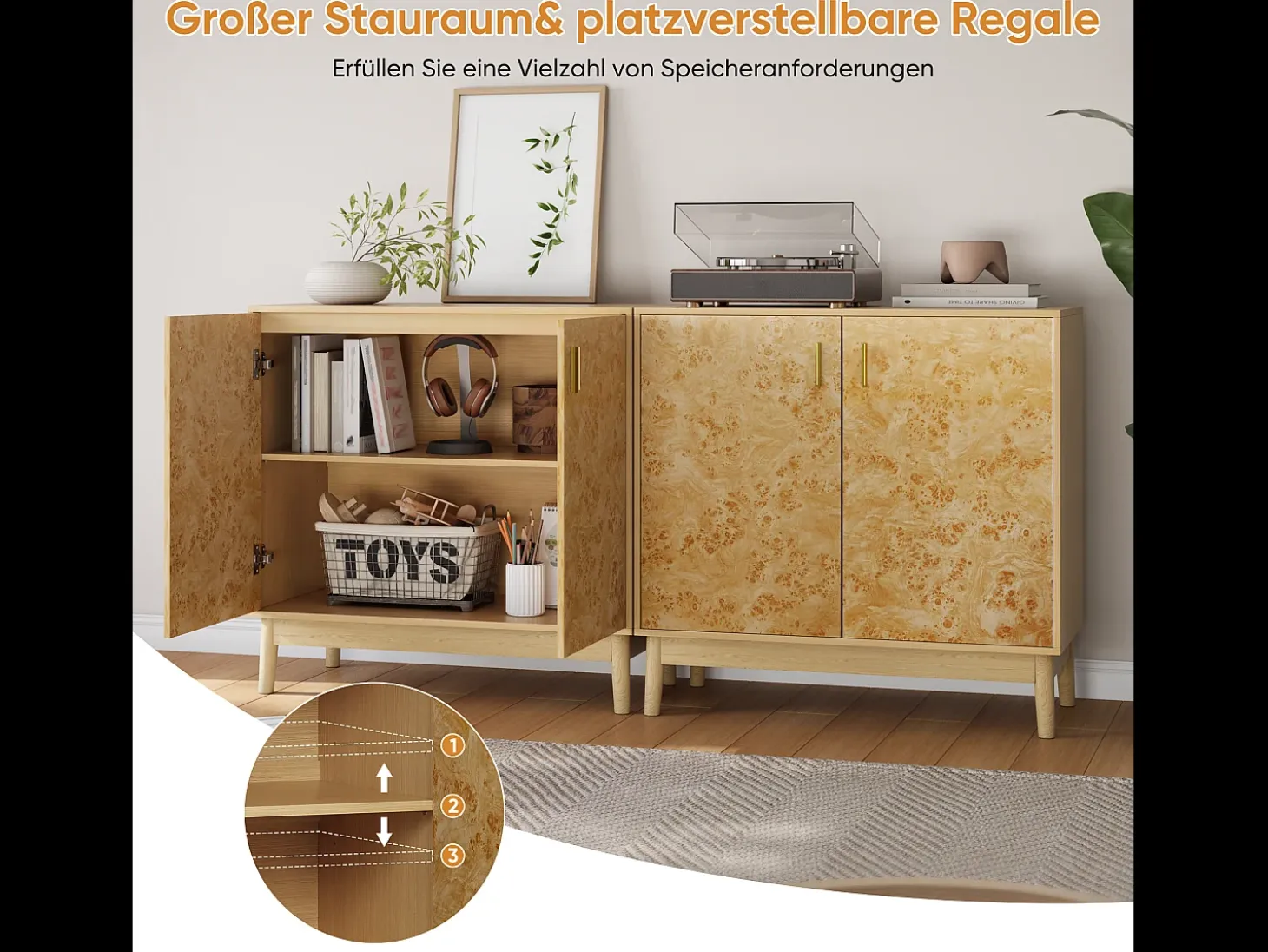 Aparadores con patas de madera maciza, estantes regulables, MDF, amarillo (80x38x77,5 cm)