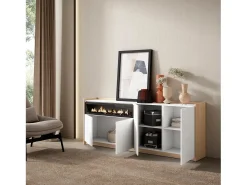 Aparadores para salón, 207x80x37 cm, 4 Puertas, Chimenea eléctrica, Blanco y roble soft