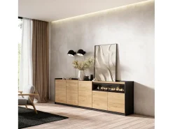 Aparadores para salón, 260x80x37 cm, 5 Puertas, Chimenea eléctrica, Roble y negro