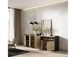 Aparadores para salón, 260x80x37 cm, 5 Puertas, Chimenea eléctrica, Roble y negro