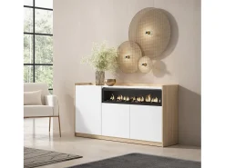 Aparadores para salón, 156x80x37 cm, 3 Puertas, Chimenea eléctrica, Blanco y roble soft