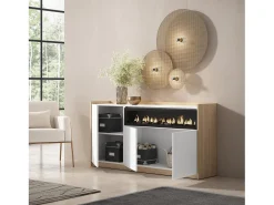 Aparadores para salón, 156x80x37 cm, 3 Puertas, Chimenea eléctrica, Blanco y roble soft