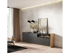 Aparadores para salón, 260x80x37 cm, 5 Puertas, Chimenea eléctrica, Negro y roble