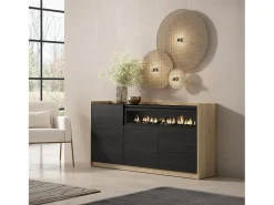 Aparadores para salón, 156x80x37 cm, 3 Puertas, Chimenea eléctrica, Negro y roble